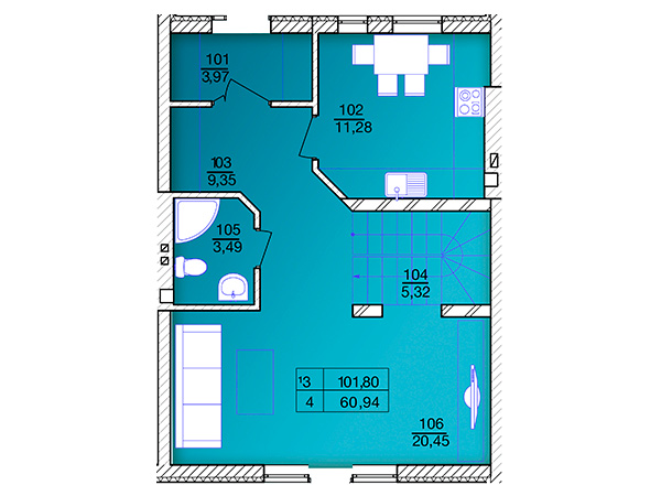 план первого этажа 101,8 м2 в таунхаусе Престиж Хаус
