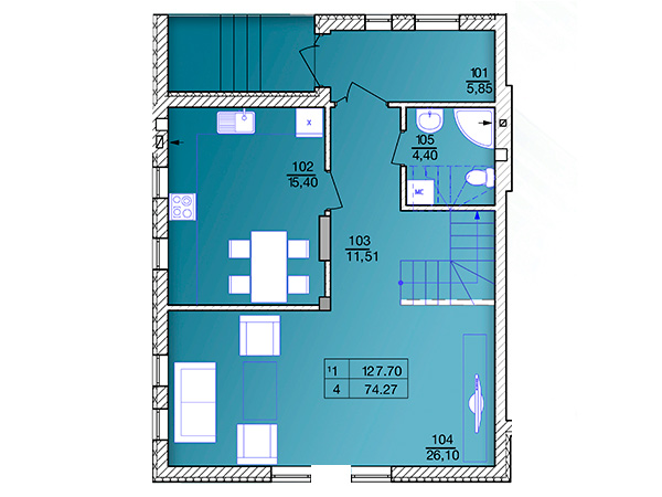 план первого этажа 127,7 м2 в таунхаусе Престиж Хаус