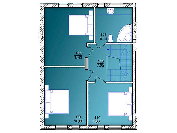 план второго этажа 127,7 м2 в таунхаусе Престиж Хаус