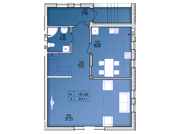 план первого этажа 137,46 м2 в таунхаусе Престиж Хаус
