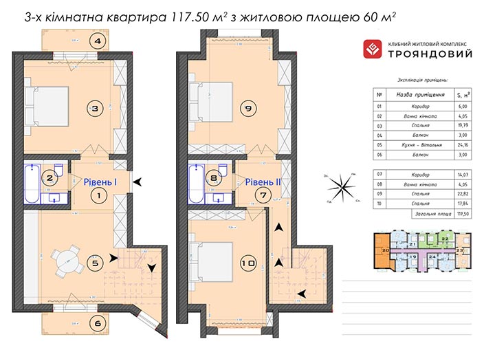 3-ком квартиры 117.5 м2 в ЖК Трояндовый