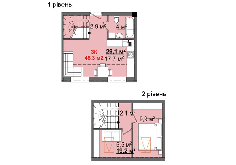 2х уровневые апартаменты 48,3 м2 в Клубном доме Світанок