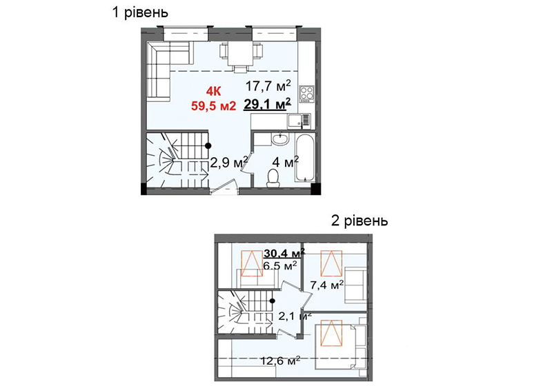 2х уровневые апартаменты 59,5 м2 в Клубном доме Світанок