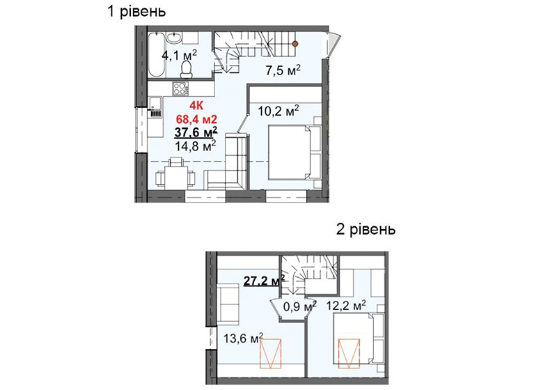 2х уровневые апартаменты 68,4 м2 в Клубном доме Світанок