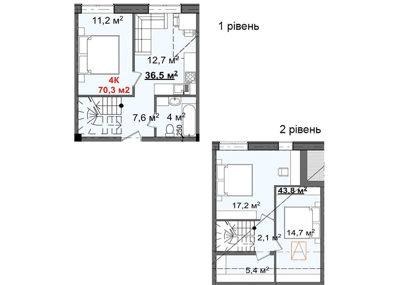 2х уровневые апартаменты 70,3 м2 в Клубном доме Світанок