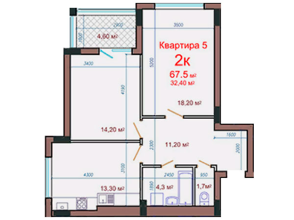 2-ком. квартиры 67,5 м2 в ЖК Потёмкинский