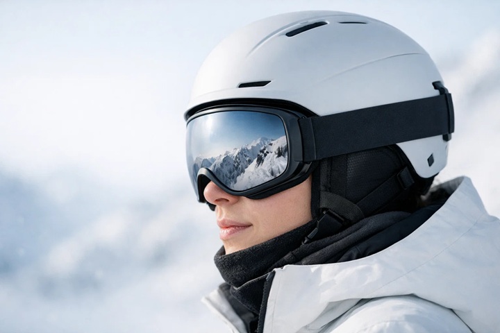 Профіль: шолом і гірськолижна маска сидять без щілини зверху, рівномірне прилягання по контуру обличчя, м’яке зимове світло, без логотипів