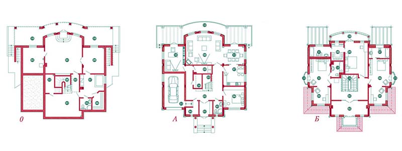 План цокольного, 1-го и 2-го этажей коттеджа Франческа