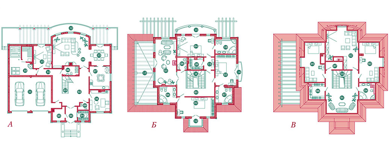 План 1-го, 2-го и мансардного этажей коттеджа Глория