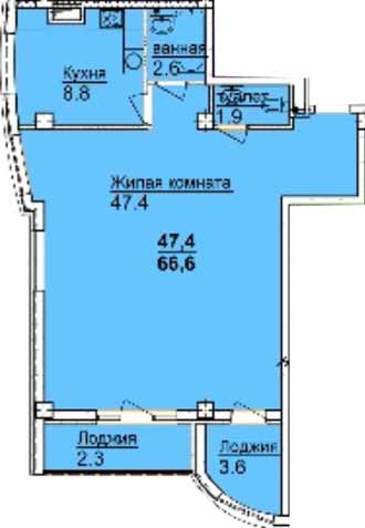 Однокомнатные квартиры 66.6 м2 в ЖК Акварель